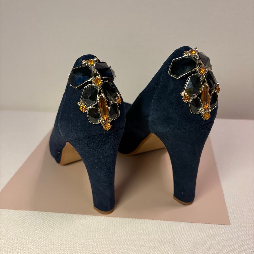 Miss Albright Anthropologie Navy Blue Suede Jeweled Heel Pumps Size 10